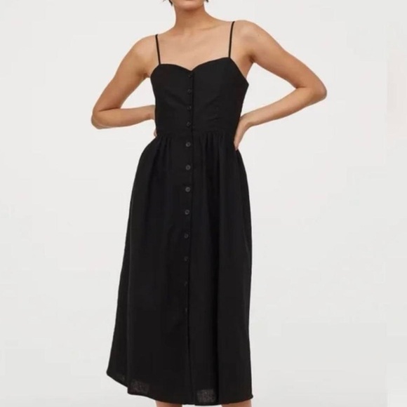 H&M Black Sweetheart Neckline Linen Midi Dress - Picture 6 of 6